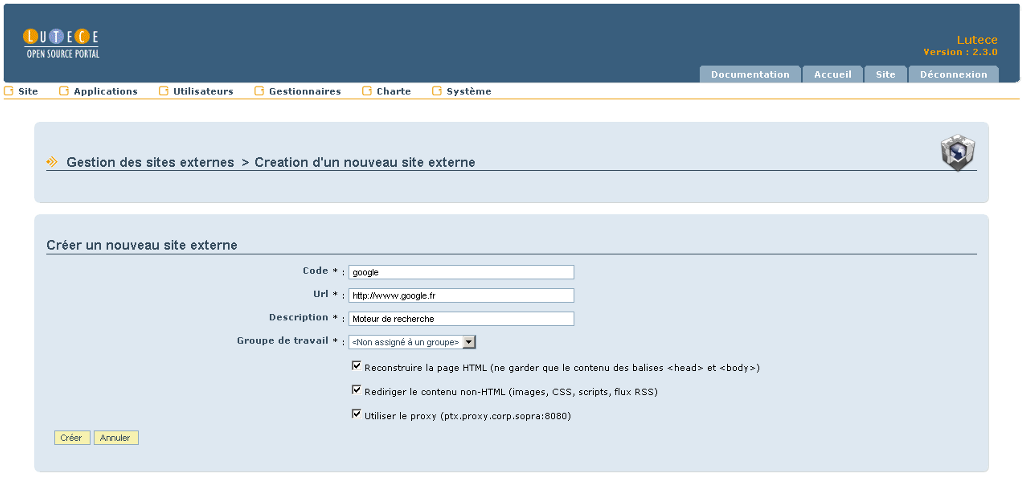 Création d'un site externe