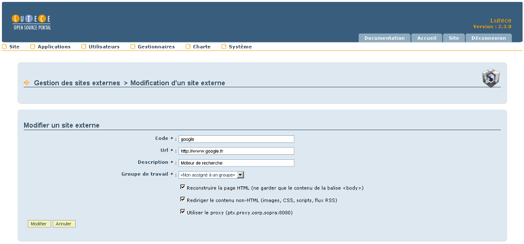 Modification d'un site externe